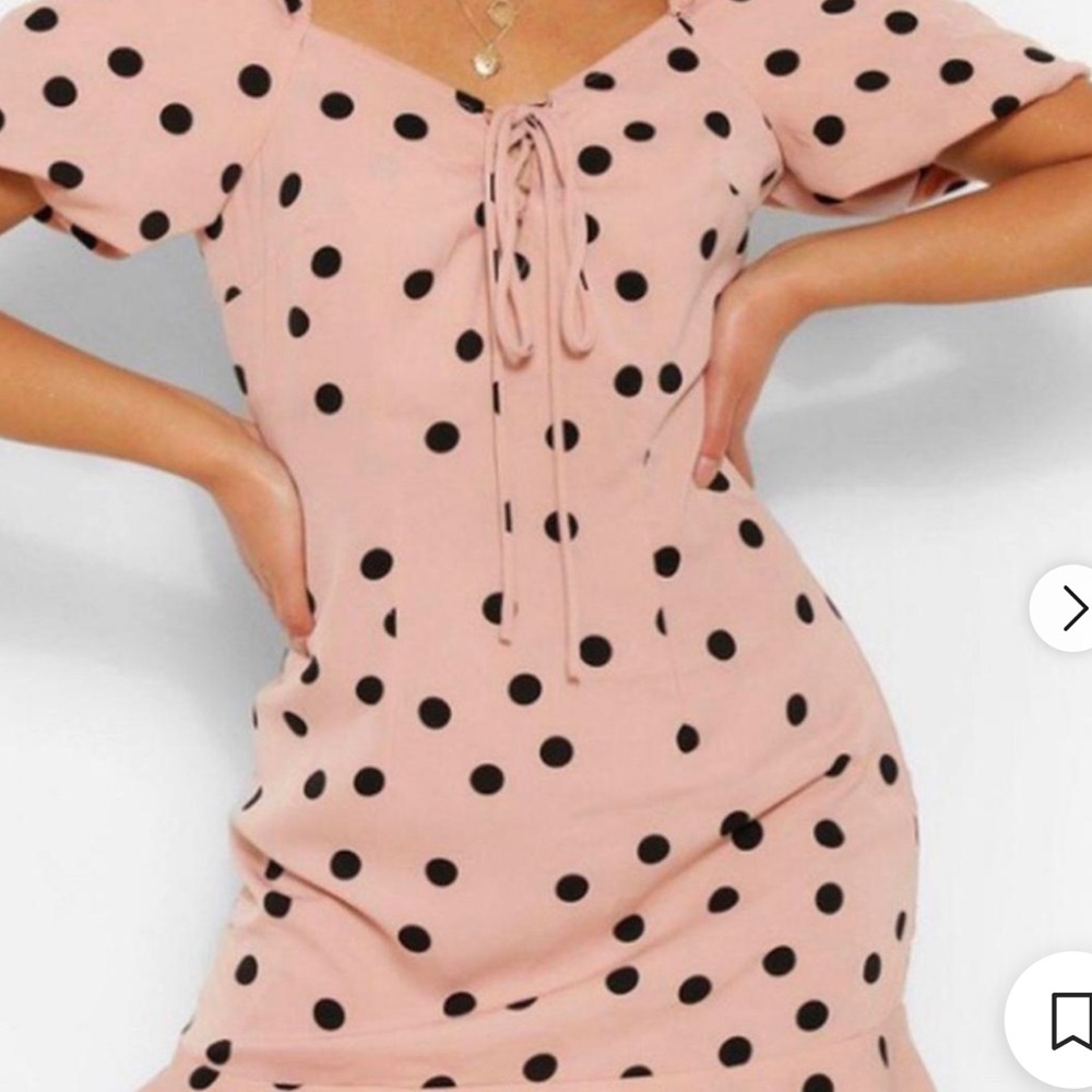 Boo-hoo women’s Elegant Pink Polka Dot Dress flutter hem ballet core puffy